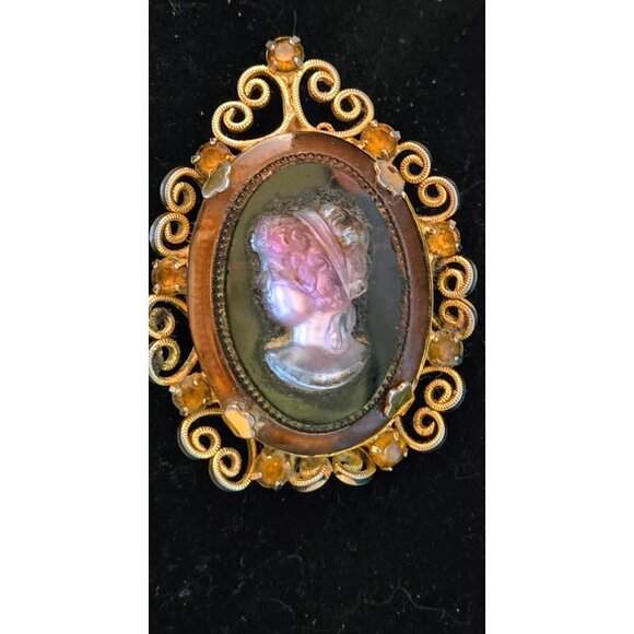 Vintage D & E Juliana Amber Glass Metallic Cameo Pendant Brooch ETC8018 Book - Picture 5 of 6